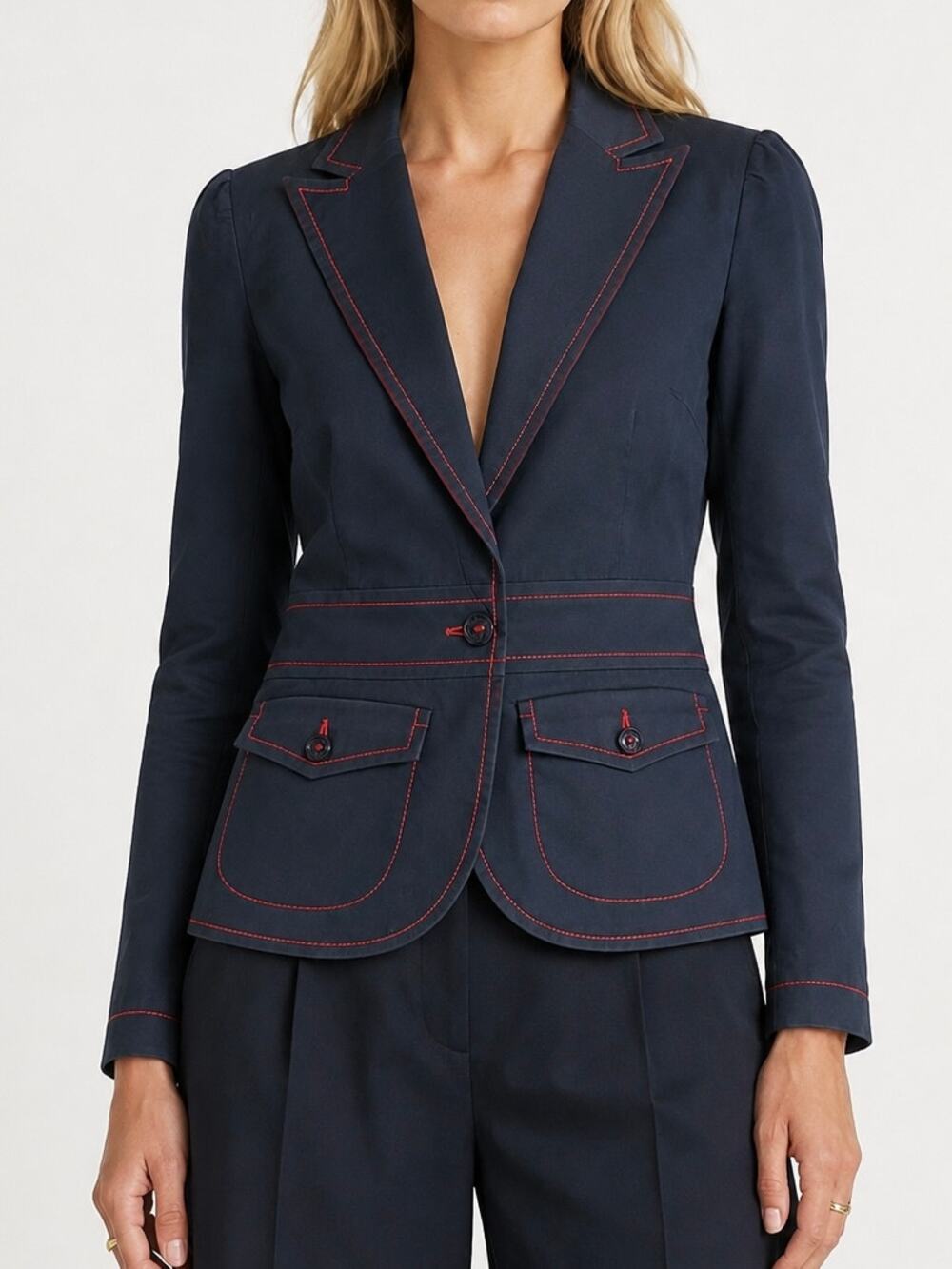 Moschino Jeans Navy Blazer With Red Contrast Stitch Poplin Jacket
